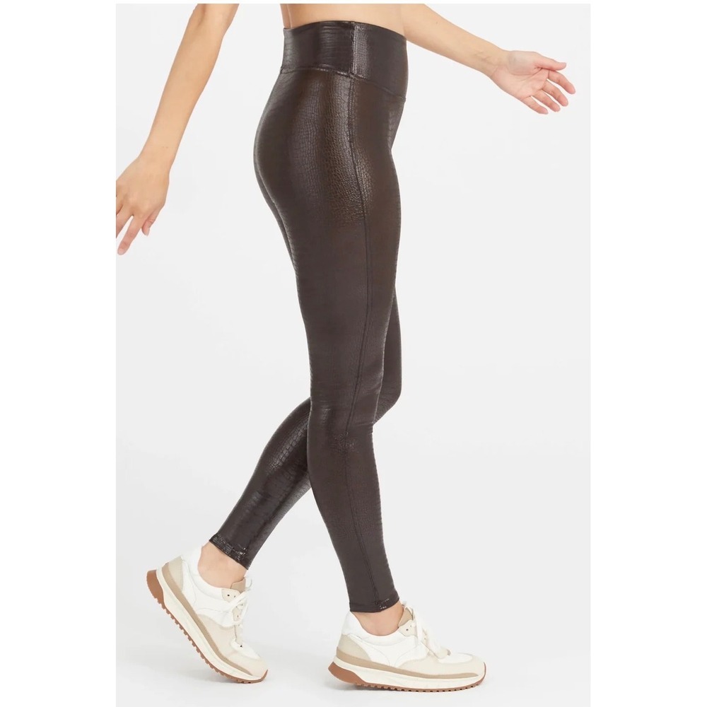 SPANX Faux‎ Leather Croc Leggings XL High Rise Coated Shine Brown Black